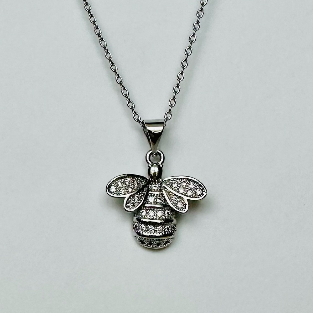 Honey Bee Silver-Tone Cubic Zirconia Pendant w 16” Chain Necklace
